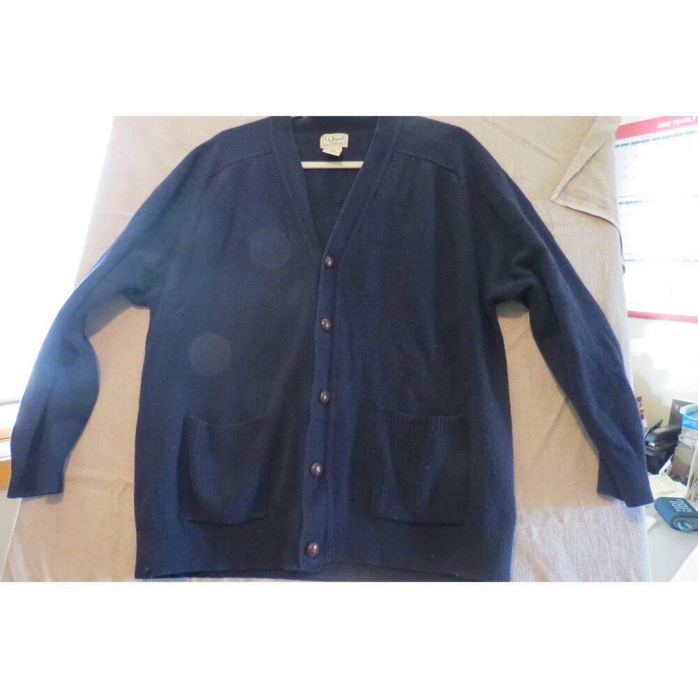 L.L.Bean Men's 100% Lambs Wool Cardigan Navy L